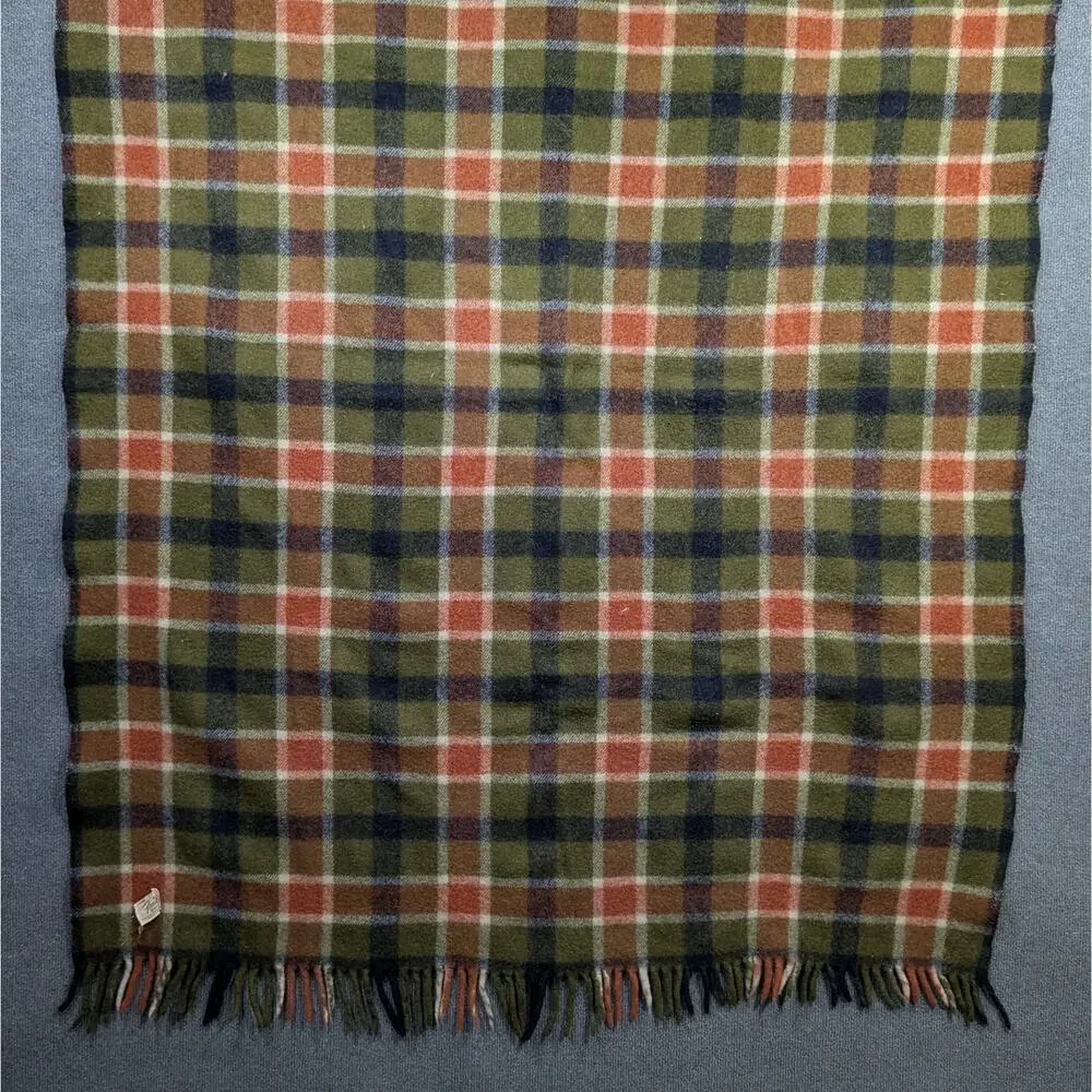 Vintage Faribo Fluff-Loomed Wool Blanket Green Orange Fringe 46x56 Throw EUC